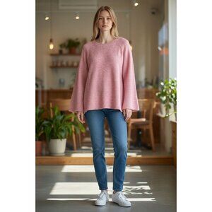 NEW Pink Premise Bell Sleeve Knit Sweater Womens L Stretch Long Sleeve Boho Chic
